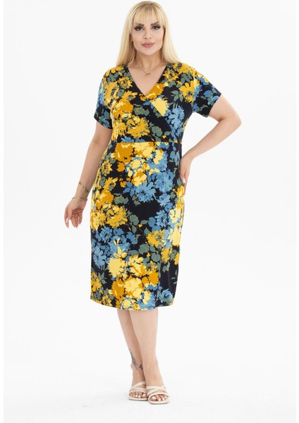 Kruvaze Yaka Siyah Büyük Beden Elbise 10B-2388 fiyatları