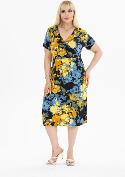 Kruvaze Yaka Siyah Büyük Beden Elbise 10B-2388 modelleri