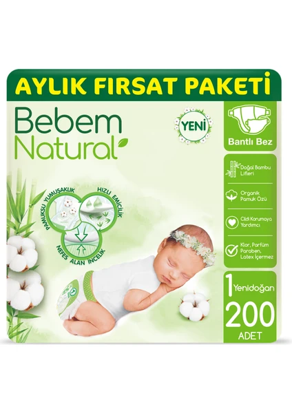 Bebem Natural Bebek Bezi 1 Beden Yenidoğan Aylık Fırsat Paketi 200 Adet