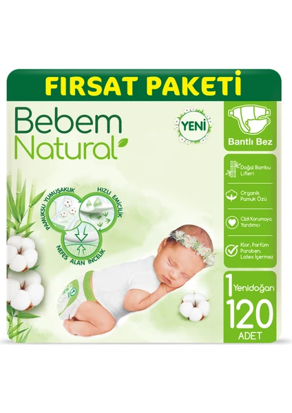 Bebem Natural Bebek Bezi 1 Beden Yenidoğan Fırsat Paketi 120 Adet