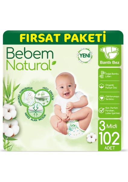 Bebem Natural Bebek Bezi 3 Beden Midi Fırsat Paketi 102 Adet