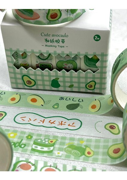 Kağıt Gemi Dükkan Cute Avocado Yeşil Kareli 4'lü Washi Bant Set / Washi Tape / Bullet Journal / Scrapbook