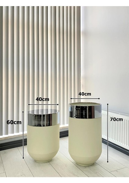 Dekoratif Krom Darbuka Beyaz Saksı 70CM + Sehpa 60CM Ikili Set modelleri