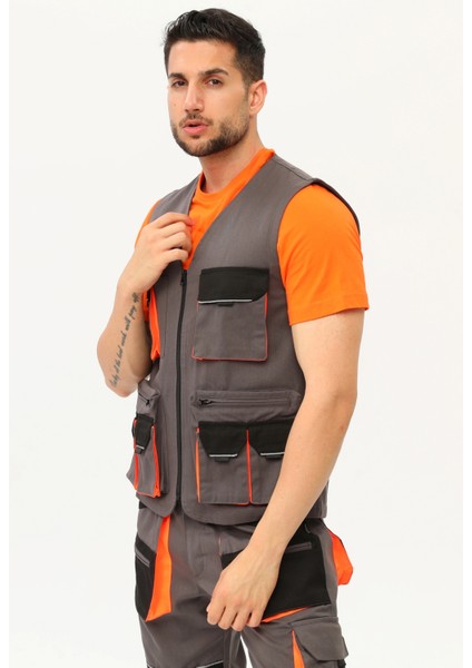 Iş Yeleği Lizbon Model Çok Cepli Harman Kumaş Füme