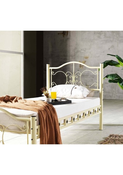 Pero Tek Kişilik Başlıklı Ferforje Krem Metal Karyola 120X200