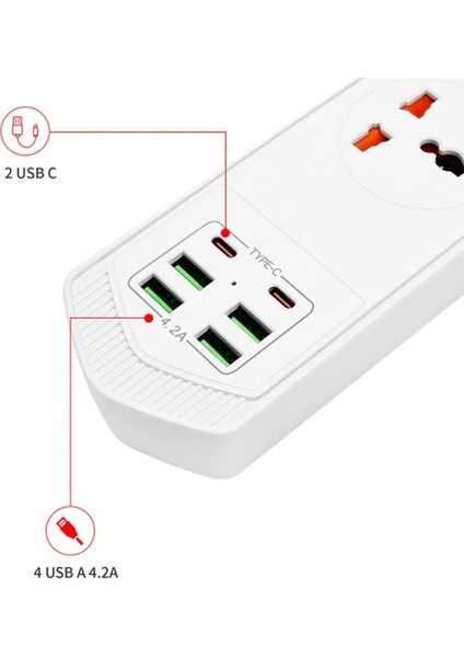 4+4 USB + 2 Type-C 10 Girişli Akım Korumalı Anahtarlı Uzatma Grup Priz 3000W Çoklu Priz 2 M Kablo