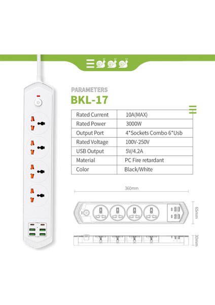 4+4 USB + 2 Type-C 10 Girişli Akım Korumalı Anahtarlı Uzatma Grup Priz 3000W Çoklu Priz 2 M Kablo