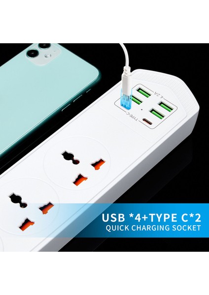 4+4 USB + 2 Type-C 10 Girişli Akım Korumalı Anahtarlı Uzatma Grup Priz 3000W Çoklu Priz 2 M Kablo