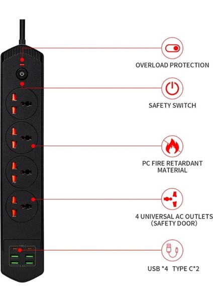 4+4 USB + 2 Type-C 10 Girişli Akım Korumalı Anahtarlı Uzatma Grup Priz 3000W Çoklu Priz 2 M Kablo fiyatları