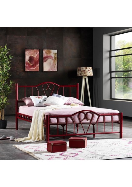 Orkide Tek Kişilik Ferforje Tarz Bordo Metal Karyola 100X200