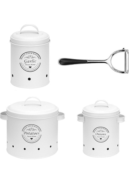 3 Adet Patates Soğan Sarımsak Teneke Kutu, Kiler Karşı Beyaz Kapak Kapları ile Set (Yurt Dışından)