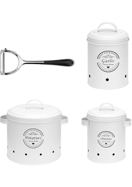 3 Adet Patates Soğan Sarımsak Teneke Kutu, Kiler Karşı Beyaz Kapak Kapları ile Set (Yurt Dışından)