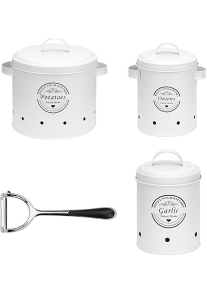 3 Adet Patates Soğan Sarımsak Teneke Kutu, Kiler Karşı Beyaz Kapak Kapları ile Set (Yurt Dışından)