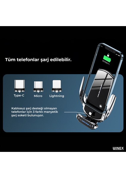 Winex Q9 15W Sensörlü Araç Içi Kablosuz Hızlı Şarj Aleti ve Telefon Tutucu modelleri