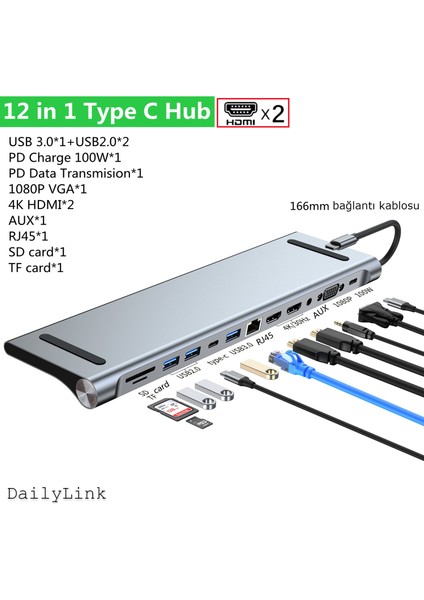 Daily Link Dailylink Macbook Pro Uyumlu 12IN1 Port Type-C USB HDMI Dönüştürücü Çoklayıcı 12 Girişli Port