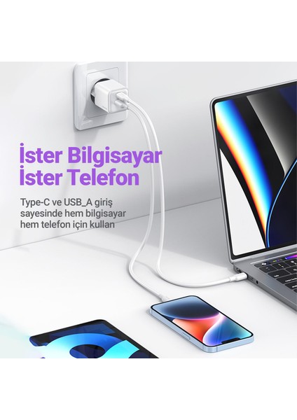 Usams US-CC189P 30W Qc+Pd (Type-C+Usb) Mini Hızlı Şarj Başlığı-Mor