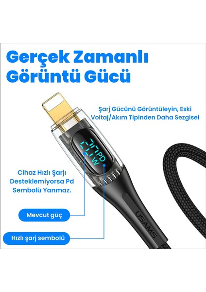 Usams US-SJ588 Dijital Göstergeli 1.2m Pd 20W Type-C To Lightning iPhone Hızlı Şarj ve Data Kablosu