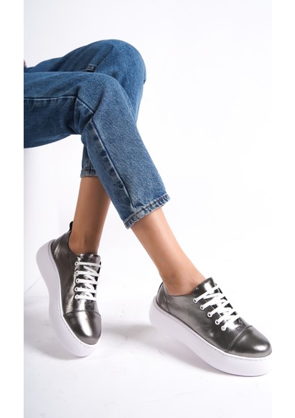 MB6303-BC Kadın Kalın Taban Beyaz Çelik Hakiki Deri Sneaker & Spor Ayakkabı