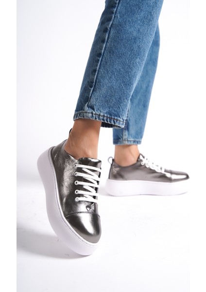 MB6303-BC Kadın Kalın Taban Beyaz Çelik Hakiki Deri Sneaker & Spor Ayakkabı