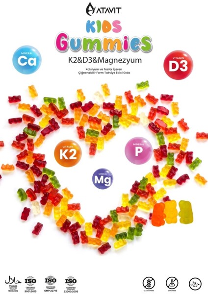 D3 K2 Magnezyum Kalsiyum Fosfor Gummies Kids