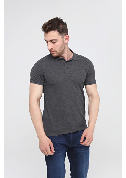 Polo Yaka Pamuk T Shirt Erkek Antrasit Melanj