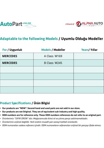 Alpha Auto Part Mercedes A Class W169,B Class W245 Için Sunroof Plastik Tamir Seti