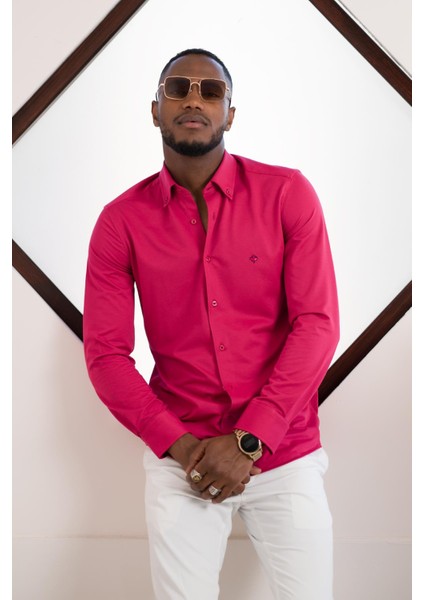 Slimfit Likralı Yaka Düğmeli Pamuklu Yazlık Uzun Kol Erkek Gömlek