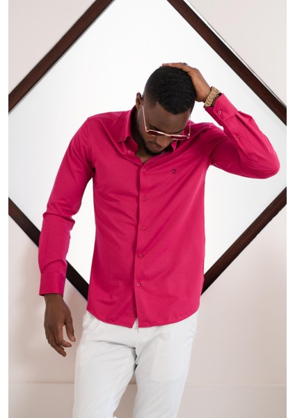 Slimfit Likralı Yaka Düğmeli Pamuklu Yazlık Uzun Kol Erkek Gömlek fiyatları