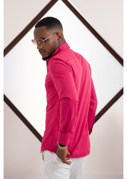 Slimfit Likralı Yaka Düğmeli Pamuklu Yazlık Uzun Kol Erkek Gömlek fırsatları