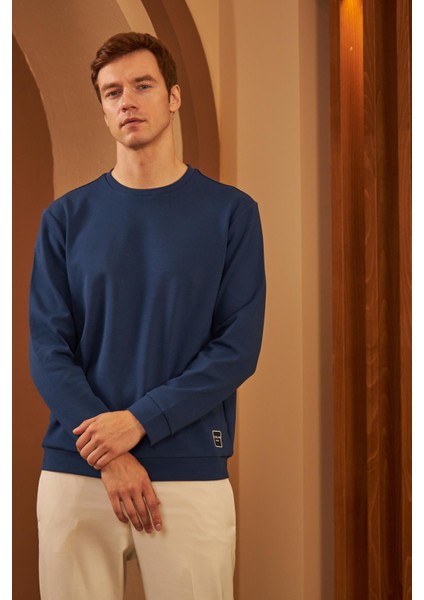Erkek Comfort Fit Basic Düz Sweatshirt Lacivert MARS26
