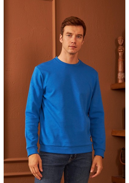 Erkek Comfort Fit Basic Düz Sweatshirt Mavi MARS26