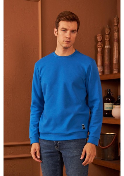 Erkek Comfort Fit Basic Düz Sweatshirt Mavi MARS26