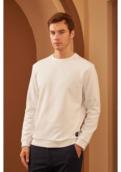 Erkek Comfort Fit Basic Düz Sweatshirt Ekru MARS26