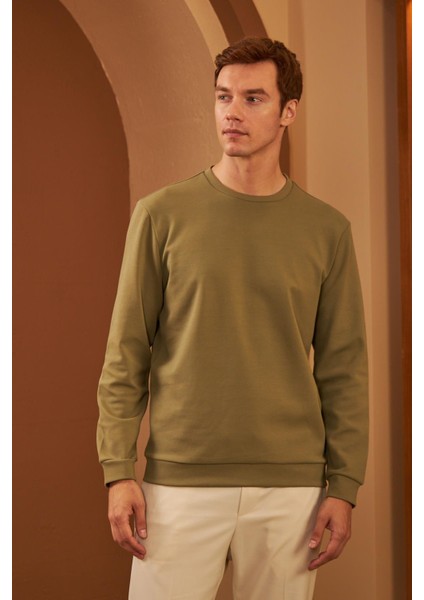 Erkek Comfort Fit Basic Düz Sweatshirt Haki MARS26