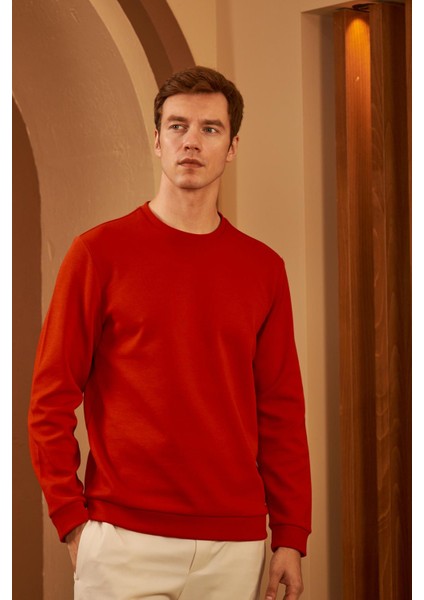 Erkek Comfort Fit Basic Düz Sweatshirt Kırmızı MARS26