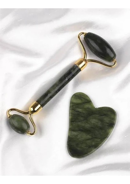 Yeşim Doğal Taş 2'Li Özel Kutulu Set Face Roller + Gua Sha Masaj Taşı