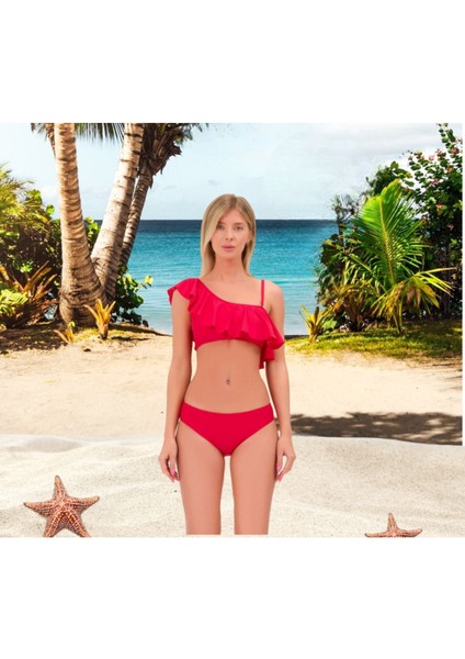Düz Fırfırlı Tek Askılı Tek Omuzlu Bikini