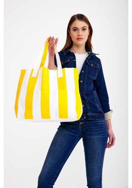 Kadın Kanvas 2 Cepli Günlük Renkli Plaj Omuz Çantası Sarı fırsatları