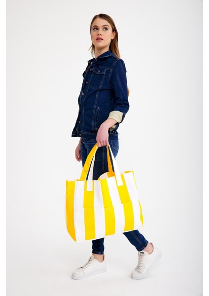 Kadın Kanvas 2 Cepli Günlük Renkli Plaj Omuz Çantası Sarı indirimleri