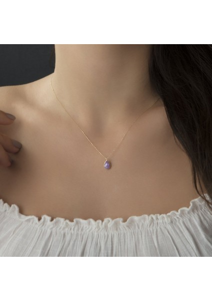 Lila Taşlı Altın Kolye