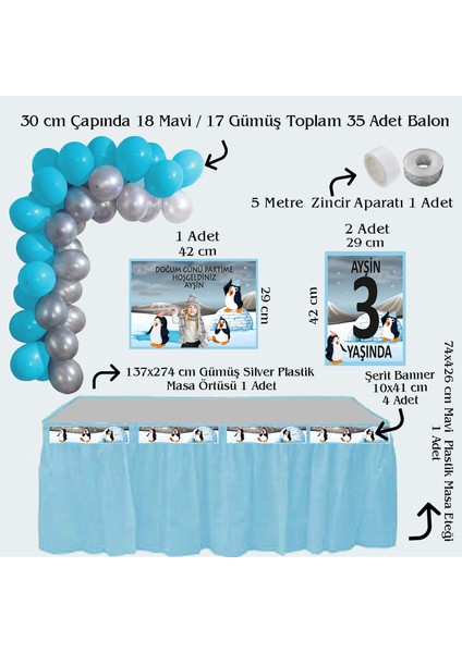 Penguen Temalı Kişiye Özel Doğum Günü Seti 10KIŞILIK-131 Parça Dev Set