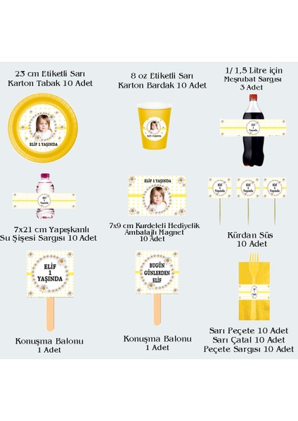 Papatya2 Temalı Kişiye Özel Doğum Günü Seti 10 KIŞILIK-131 Parça Dev Set