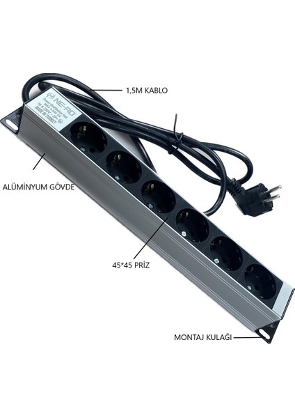 6'lı 1,5 Metre Kablolu Grup Priz Aluminyum Gövde 16A 250V 4000W