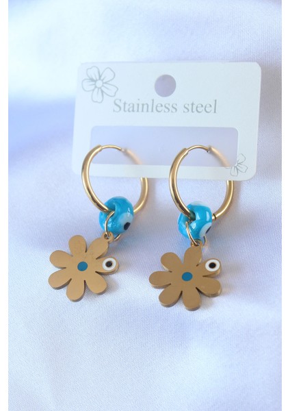 316L Çelik Gold Renk Çiçek Model Nazar Boncuk Detay Kadın Küpe