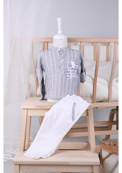 Babyhola Hakim Yaka Gömlek Kot Pantolon Erkek Bebek Çocuk Alt Üst Spor Takım Elbise 2143