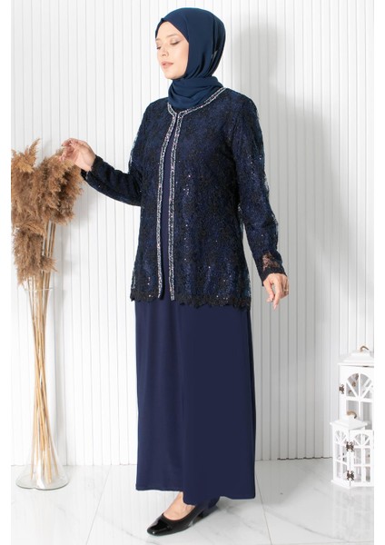 Dantelli Pul Payet Detay Abiye Lacivert MDA2311 fiyatları