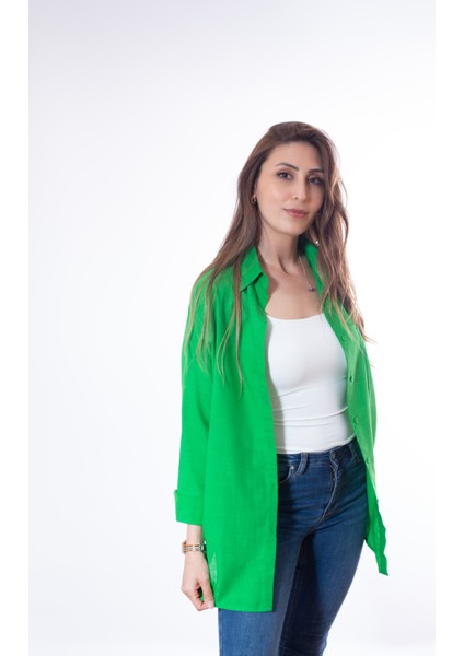 Kadın Oversize Pamuk Keten Yeşil Gömlek ( 100% Flamlı )
