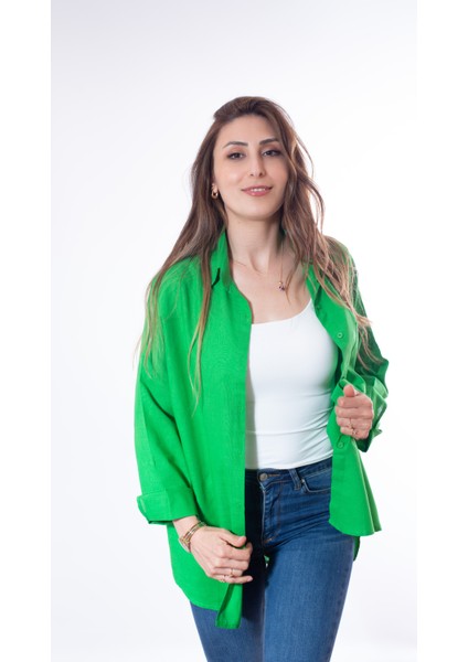 Kadın Oversize Pamuk Keten Yeşil Gömlek ( 100% Flamlı )