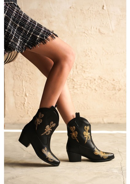Kadın Sidney Nakışlı Kovboy Bot - Siyah-Deri