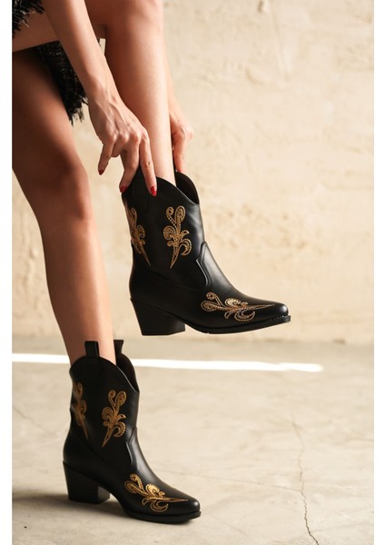 Kadın Sidney Nakışlı Kovboy Bot - Siyah-Deri fırsatları